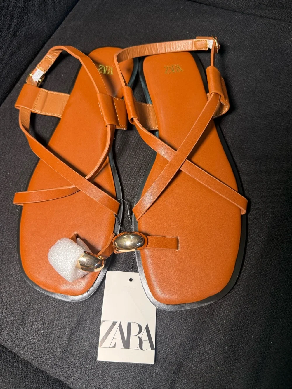 Zara Women's Cognac Strappy Toe-Ring Flat Sandals with Gold Accent